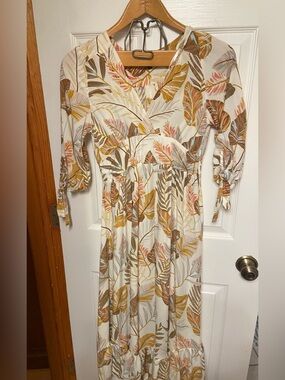 Caroline Morgan Tropical Leaf Print Midi Dress Size Small Boho Wrap Look